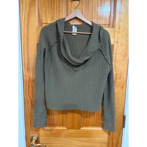 We The Free Free People Olive Green Waffle Knit Hooded Cropped Top XS